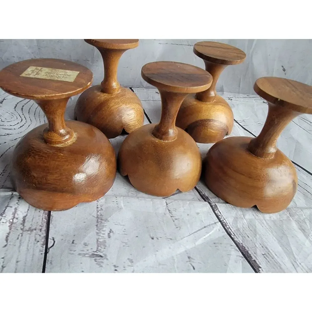 Set Of 5 Vintage Teakwood Pedestal Dessert Servers cups Boho Style Tropic Summer